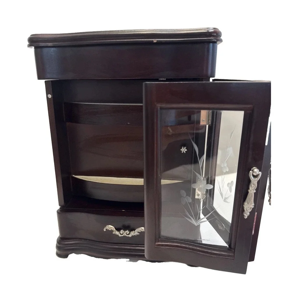 Vintage CherryWood Jewelry Box Armoire Etched Flower Glass Doors Carousel Mirror